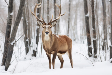 Naklejka na ściany i meble Noble deer male in winter snow forest looking to camera
