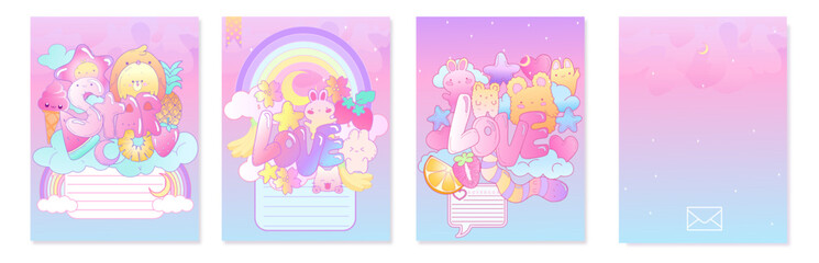 Cute Set covers for notebooks with kawaii animals, rainbows, clouds and stars. For the design of children s books, brochures, templates for school diaries.  Pink, blue, purple Vector illustration