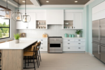 Blurred modern kitchen interior. Bright kitchen with dining table. Generative AI