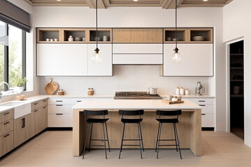 Fototapeta na wymiar Modern kitchen interior. Bright kitchen with dining table. Generative AI