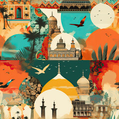 India culture cartoon art collage repeat pattern - obrazy, fototapety, plakaty
