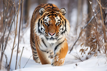Obraz premium Fierce Tiger in wild winter nature running in the snow wildlife action scene with dangerous animals, cold winter in taiga