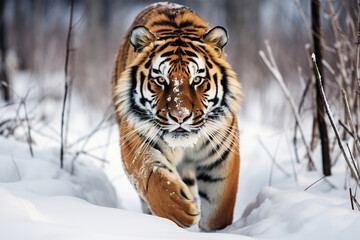Fototapeta na wymiar Fierce Tiger in wild winter nature running in the snow wildlife action scene with dangerous animals, cold winter in taiga