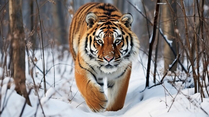 Fototapeta na wymiar Fierce Tiger in wild winter nature running in the snow wildlife action scene with dangerous animals, cold winter in taiga