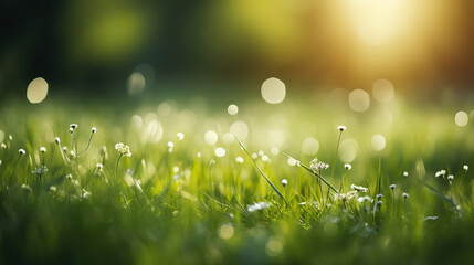 Natural grass field background with blurred bokeh and sun rays. Generative Ai