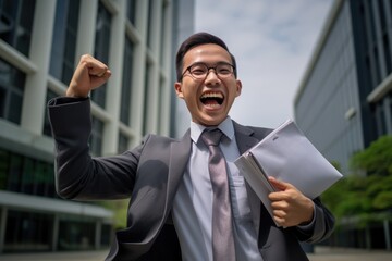 Fototapeta premium indonesian businessman in a suit with happy expression smile, hands up hope success