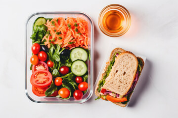 Lunchboxes with delicious food and glass of juice on white background