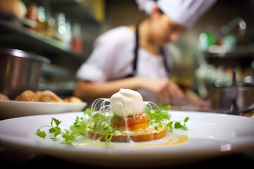 Close up of blurred female chef decorating french food in restaurant kitchen. Working concept suitable for cooking and working.