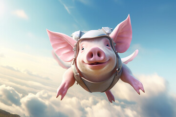 Cute pig flying with goggle - obrazy, fototapety, plakaty