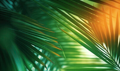 Palm leaves wallpaper. Sunny tropical background. For banner, postcard, book illustration. Created with generative AI tools