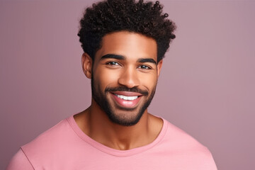 Fototapeta premium Handsome Afro American Man Wearing Pink T-Shirt, Smiling At The Camera. Isolated On Purple Background. Ai Generated