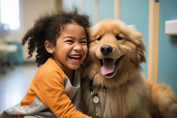 A child sharing a smile with a therapy dog, the healing power of animals complementing the efforts of healthcare providers - obrazy, fototapety, plakaty