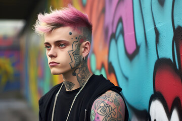 Punk Young Man With Tattoos Looking Sad In Front Of A Graffiti Wall. Ai Generated
