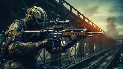 Naklejka premium Stealth Sniper on Railway Bridge A Modern Warfare Concept AI Generated