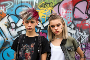 Punk Young Teenagers With Tattoos Looking At The Camera In Front Of A Graffiti Wall. Ai Generated
