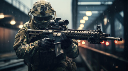 Special Forces Sniper with HK 416 Rifle in Train Station AI Generated - obrazy, fototapety, plakaty