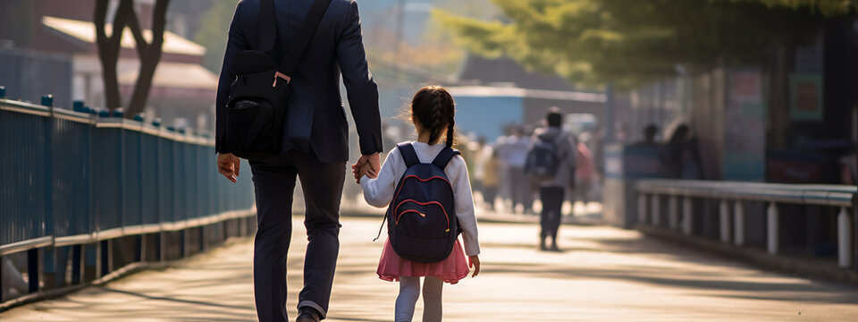 first day at school. father leads a little child school girl in first grade. Created with Generative AI technology.