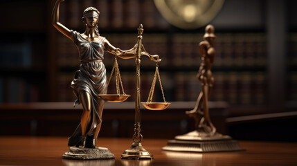 Legal office of lawyers and attorney. Close up of Scale of Justice. Created with Generative AI technology.