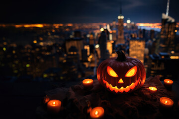 Halloween pumpkin with candle on the background of the night city