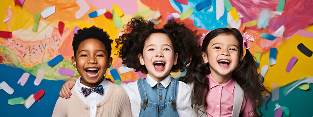 Three smiling schoolchildren on a multicolored wall.Created with Generative AI technology.