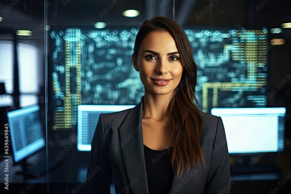 Aufkleber caucasian female software developer backdrop smiling generative ai