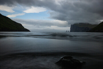 Risin og Kellingin sea stacks, from Tjornuvik beach, Faroe Islands