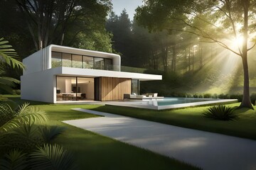 Modern house in forest, 3d render