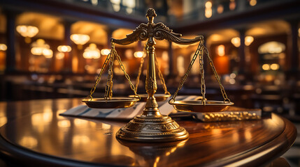 Hyperrealistic image of judge gavel and scale of justice at the court, front view, hyperrealestic, cinematic lighting, front view, wide angle, high angle,  - obrazy, fototapety, plakaty