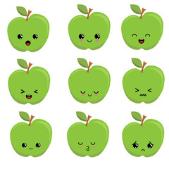 Green apples set with kawaii eyes. Flat design vector illustration of red apple
on white background.