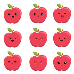 Red apple set with kawaii eyes. Flat design vector illustration of red apple
on white background.