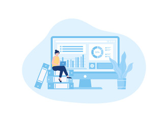 Women are studying to improve company growth data concept flat illustration