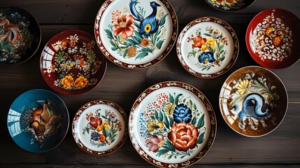 Colorful ceramic plates on a wooden background. Petrikov painting