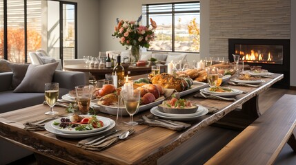 Thanksgiving table decor. Food and glasses with a drink at a festive feast.