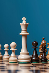 chess king in house, home living room or apartment in winner strategy, checkmate or board game success. Zoom, chessboard and winning pawn in thinking mind challenge or ...