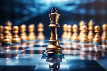 Gold king chess  on a chessboard game competition business concept