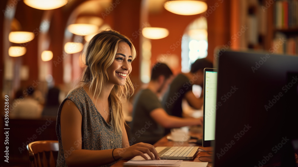 Poster Girl student sits at a computer in the library preparing for an online lecture