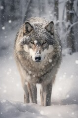 Obraz premium a wolf walking in a snowy forest, close up photo