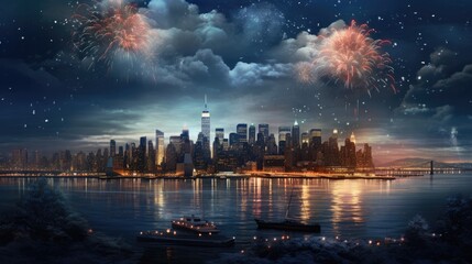 Fireworks on the city of skyline night view beautiful photography - obrazy, fototapety, plakaty