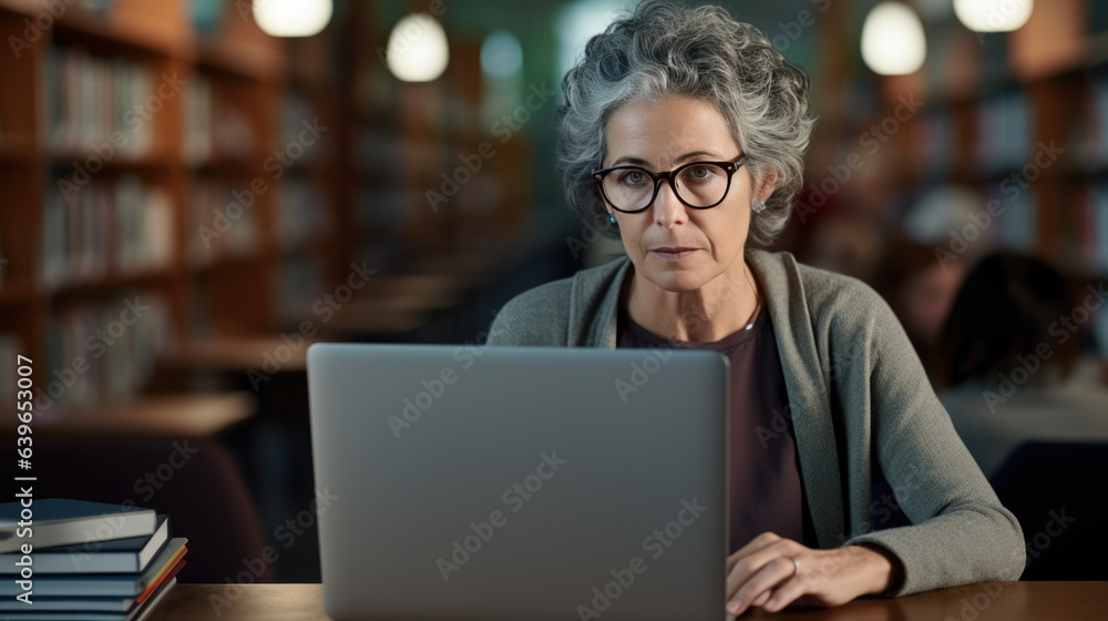 Poster female professor sits in the university library with a laptop, preparing for a lecture