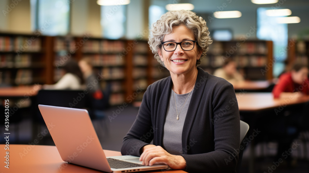 Poster female professor sits in the university library with a laptop, preparing for a lecture