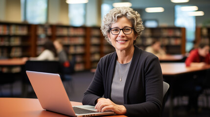 Female professor sits in the university library with a laptop, preparing for a lecture