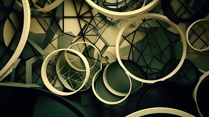 Golden green Paper cut art, folded geometric shapes, abstract background