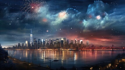 Fototapeta na wymiar Fireworks on the city of skyline night view beautiful photography