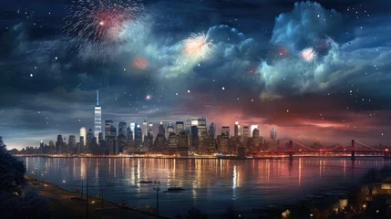 Papier Peint photo Skyline Fireworks on the city of skyline night view beautiful photography