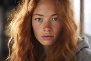 Fototapeta premium A cheerful and confident portrait of a young authentic mixed-ethnicity red-haired woman with freckles indoors.