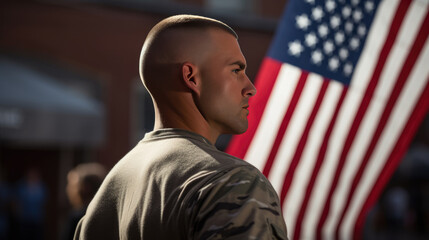 American male soldier stands in front of american flag.