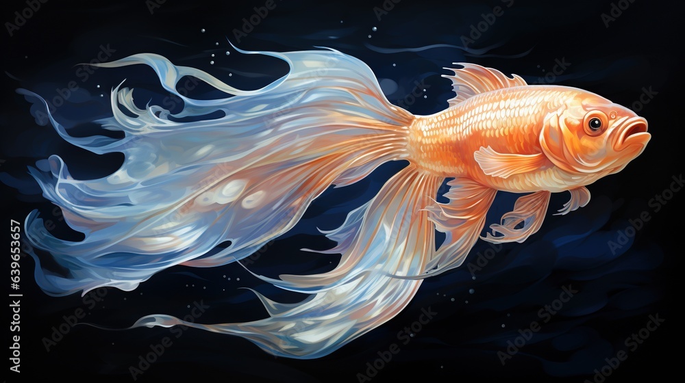 Poster a painting of a goldfish in a black background with bubbles. generative ai