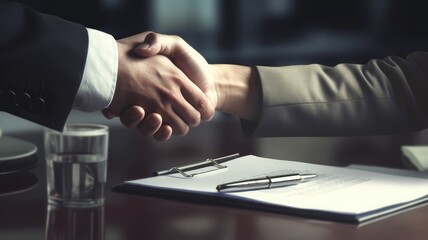 handshake between 2 businessmen for buying a house, property, on a table, paper, approval of a property project tender contract
