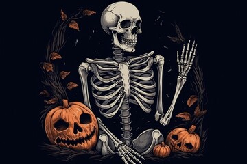 Halloween drawing of a skeleton with a pumpkin - obrazy, fototapety, plakaty