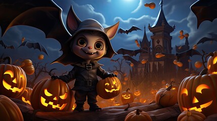 Bat boy with pumpkin lantern halloween trick or treat background